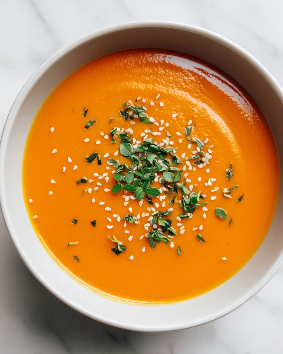 The image shows a bowl of smooth orange soup with a thick texture in a white bowl, placed on a white marbled surface. On top of the soup are two layers of small triangular white seeds scattered evenly, adding a light and crunchy look. Mixed with the seeds are small pieces of fresh green herbs scattered across the surface, giving a fresh touch to the soup. The overall colors are warm orange, bright white, and fresh green, creating a simple but inviting dish. Photo taken with an iphone --ar 4:5 --v 7