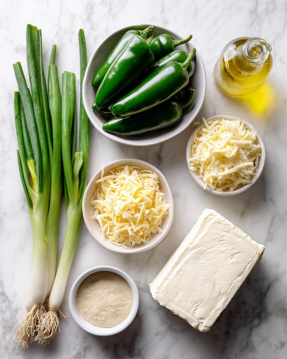 The image shows ingredients placed on a white marbled surface. There are two long green onions with roots on the left side. Next to them is a white bowl filled with several fresh green jalapeño peppers. Above the jalapeños, there is a small white bowl containing shredded light yellow cheese. To its right is a small white bowl with beige powder, and below that, another small white bowl with shredded slightly darker yellow cheese. At the bottom right, there is a white bowl holding a large block of cream cheese. A small glass bottle with yellow oil is placed at the top right corner. photo taken with an iphone --ar 4:5 --v 7