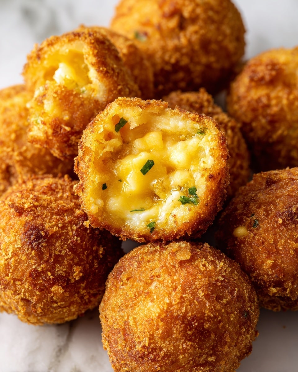 A close-up image of several golden brown fried balls with a crunchy, crumb-coated outer layer. One ball is slightly split open at the top, showing a creamy, smooth yellow filling with small green herb pieces mixed inside. The balls are arranged closely, showing their round shape and textured crust. The background is a white marbled surface, making the warm colors of the balls stand out. Photo taken with an iphone --ar 4:5 --v 7