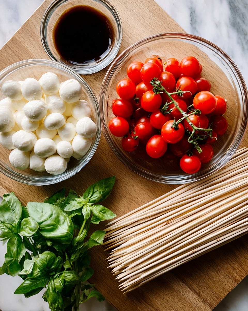 The image shows a top view of several clear glass bowls and a bundle of uncooked wooden skewers placed on a wooden surface now changed to a white marbled texture. One bowl holds many small white cheese balls with a smooth texture, another bowl is full of bright red cherry tomatoes still on their green vine, and a third smaller bowl contains a dark, thick liquid. Next to the bowls is a bunch of fresh green basil leaves, adding a bright contrast. The wooden skewers are pale beige and lie in front of the bowls. photo taken with an iphone --ar 4:5 --v 7