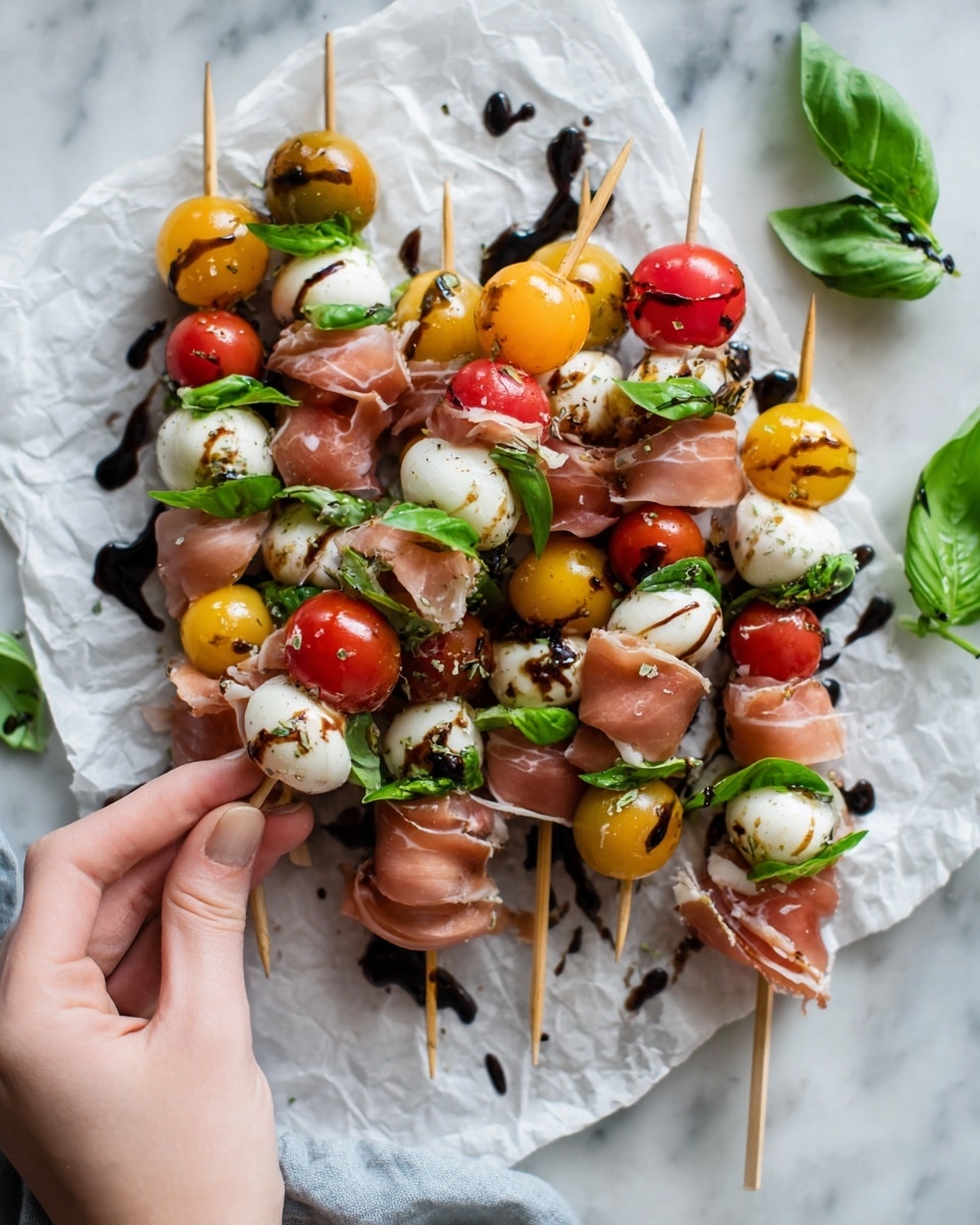 The image shows multiple wooden skewers arranged on white parchment paper over a white marbled surface, each skewer layered with small mozzarella balls, bright red and yellow cherry tomatoes, fresh green basil leaves, and thin slices of light pink prosciutto. Drizzled dark balsamic glaze adds texture all over the skewers and paper, creating contrast with the fresh ingredients. A woman's hand is seen holding one skewer gently from the side. The scene is bright and fresh, with vibrant colors and a natural, slightly casual arrangement. photo taken with an iphone --ar 4:5 --v 7