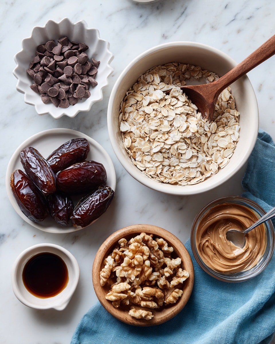 The image shows several small bowls placed on a white marbled surface, each holding different ingredients. Starting at the top center, a large white bowl filled with light beige oats has a wooden spoon resting in it with some oats scooped up. To the left, a small white scalloped bowl contains many small, dark brown chocolate chips. Below it, a larger white bowl is filled with shiny, dark brown dates. On the right side, a clear glass bowl is filled with creamy, light brown almond butter with a small spoon in it. Below this bowl, a small white dish with dark brown liquid, possibly vanilla extract, is visible. At the bottom center, a light wooden bowl contains a pile of light brown broken walnuts. There is a blue cloth partly underneath the date bowl. photo taken with an iphone --ar 4:5 --v 7