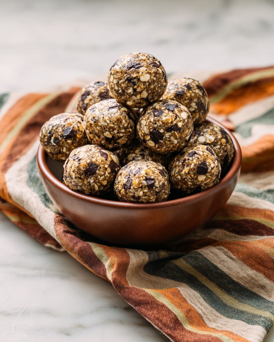 A brown bowl filled with round energy balls made of oats, chocolate chips, and seeds, each ball showing a rough texture with visible oats and dark chocolate pieces spread all around. The bowl sits on a cloth with wavy stripes in muted orange, green, brown, and white colors, over a white marbled surface. The energy balls are stacked closely, with some resting on top of others, creating a cozy, full look. photo taken with an iphone --ar 4:5 --v 7