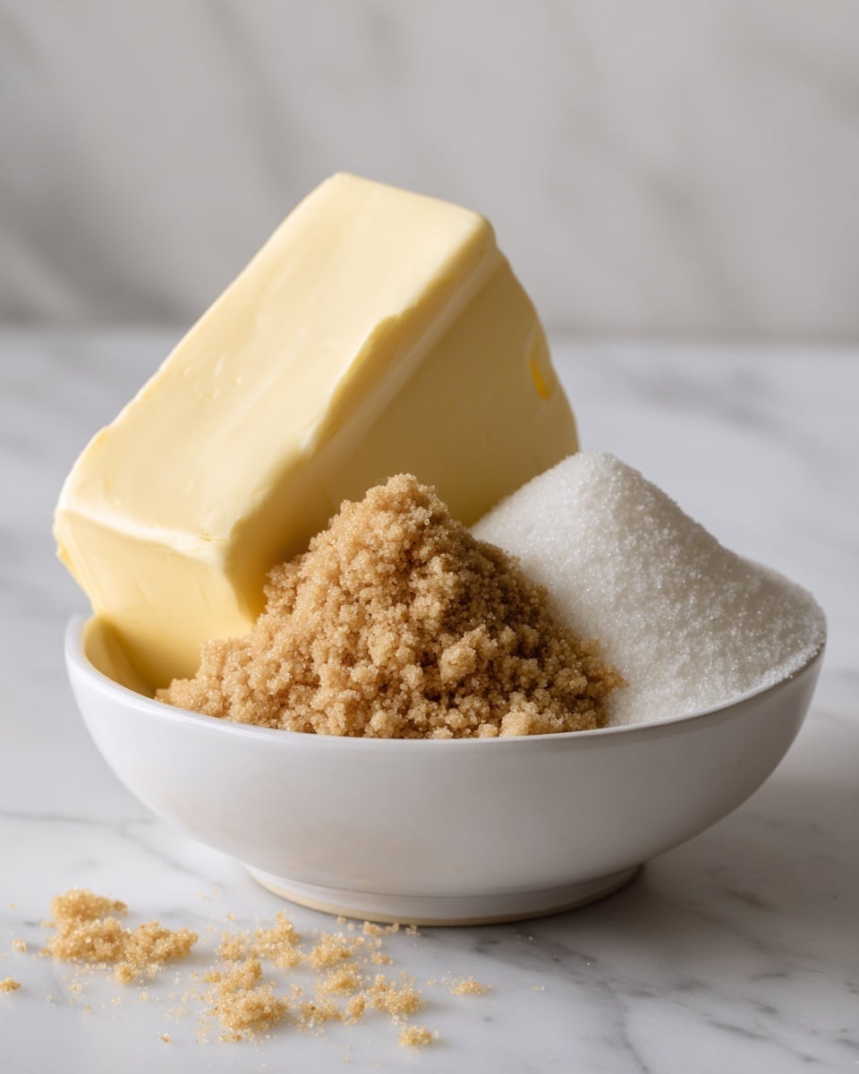 A white bowl sits on a white marbled surface, containing three separate ingredients. One large creamy yellow block of butter is on the left side, next to a pile of light brown sugar with a crumbly texture on the right. In between them, there is a small mound of white granular sugar. The scene is simple, with a clean background and soft natural light highlighting the textures of the ingredients. Photo taken with an iphone --ar 4:5 --v 7