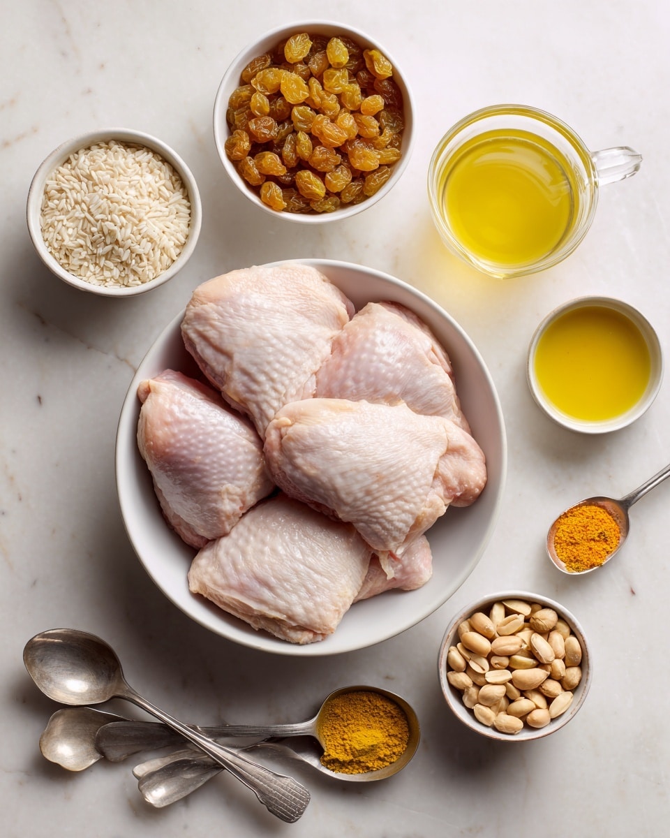The image shows a top view of raw boneless, skinless chicken thighs placed in a white bowl in the center, showing a pale pink and slightly textured surface. Surrounding the bowl are various ingredients arranged neatly on a white marbled surface: to the top left is a white bowl filled with golden brown raisins, directly above the chicken is a clear glass measuring cup with pale yellow broth. To the top right, a white bowl holds golden olive oil, and below it is another white bowl containing a mix of yellow, orange, and brown spices. Below the chicken bowl on the left, there is a metal half-cup measuring cup filled with white rice grains, and next to it, a slightly smaller half-cup metal measuring cup filled with raw peanuts. To the far bottom right, two metal teaspoons lie side by side, each holding small amounts of bright yellow turmeric powder and a darker mustard-yellow spice. The whole setup is clean and well organized against the smooth white marbled surface. Photo taken with an iphone --ar 4:5 --v 7