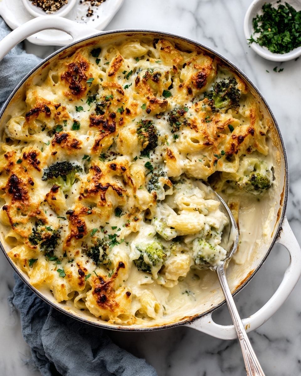 A large white pan filled with creamy baked pasta mixed with small broccoli pieces. The pasta is covered with a golden melted cheese layer that has slightly browned spots, and fresh green herbs are scattered on top. The creamy sauce beneath the cheese shows rich texture with visible pasta and broccoli, while a silver spoon rests in the pan, partially lifting some pasta. The pan is placed on a white marbled surface with a small white plate of herbs and pepper blurred in the background. Photo taken with an iphone --ar 4:5 --v 7