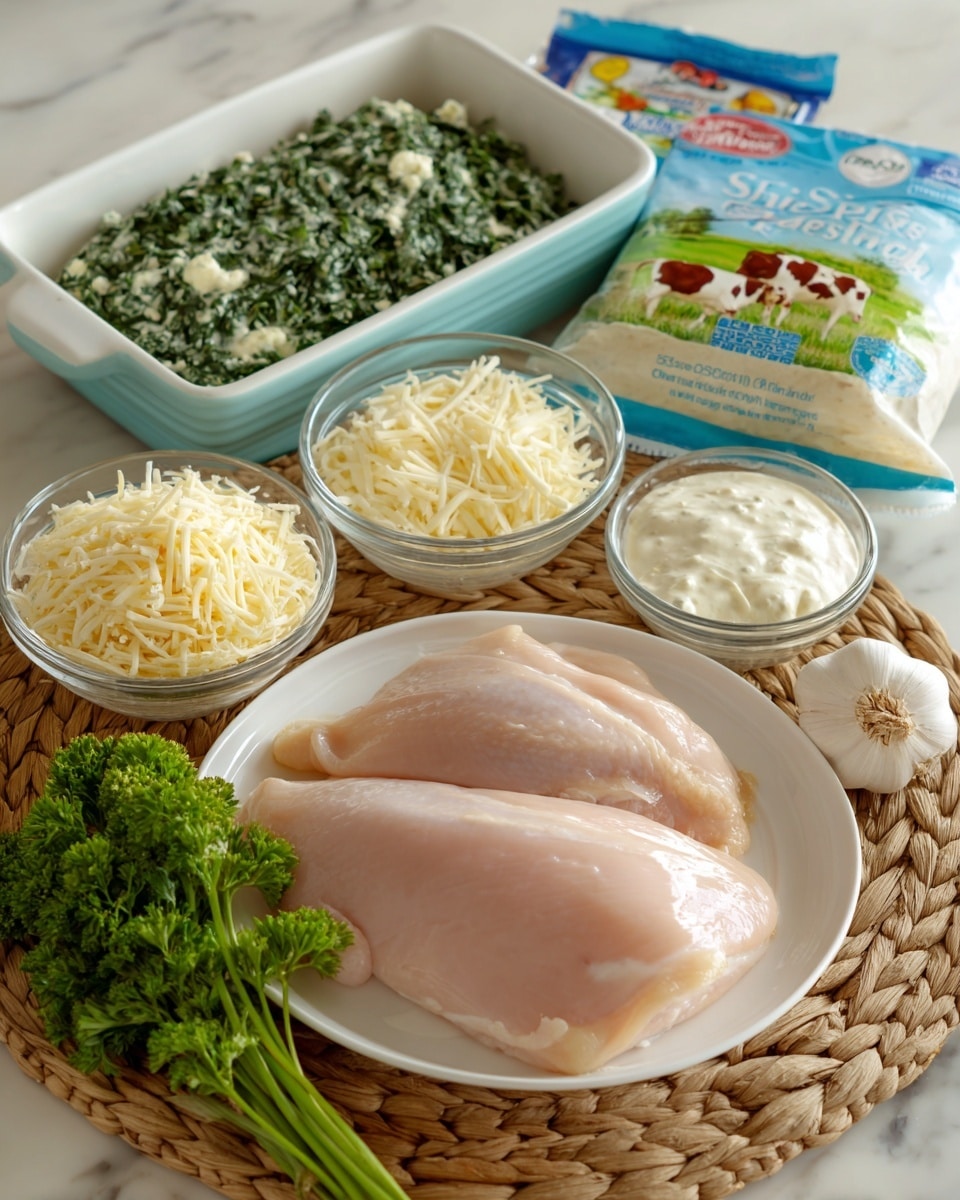 The image shows raw chicken with a smooth, light pink color placed on a white plate in the front left. Behind it, slightly to the left, there is a white rectangular baking dish with a light blue outer edge. To the right of the chicken, there are three small clear glass bowls: one filled with shredded pale yellow cheese, one holding a creamy white sauce, and one with a fine grated white cheese. Behind these bowls, there is a white and red bag of chopped spinach with green text and a blue badge on the top left corner. Next to the spinach bag, a blue and white box of cream cheese with a colorful image of cows and a green field is placed. Two whole bulbs of garlic, off-white with brown roots, rest in front of the box. A small bunch of fresh green parsley is positioned in front of the chicken plate. All the items are arranged on a woven, light brown mat over a white marbled surface. Photo taken with an iphone --ar 4:5 --v 7
