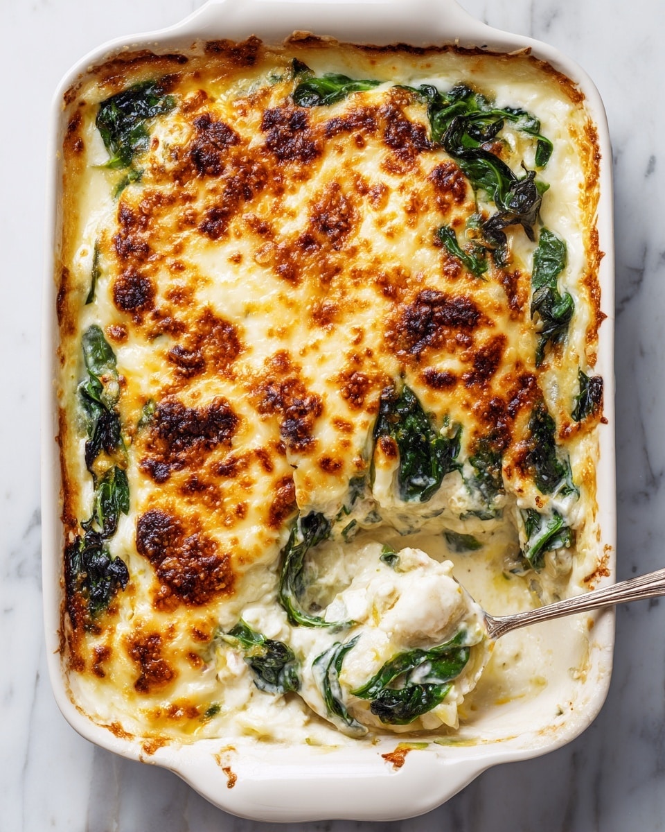 A white baking dish holds a cooked layered dish with melted cheese on top, showing a golden brown bubbly texture spread unevenly across the surface. Beneath the cheese layer, partially visible are dark green leaves tucked throughout the dish, adding pops of color. The cheese looks creamy white and slightly browned, covering a soft, pale base layer that appears to be a mix of creamy and chunky textures. A spoon scoops out a portion from the bottom right, revealing an inside of smooth white sauce mixed with chunks of the base layer and leaves. The edges of the dish show some baked cheese crisped to a golden brown. The background is a white marbled texture photo taken with an iphone --ar 4:5 --v 7