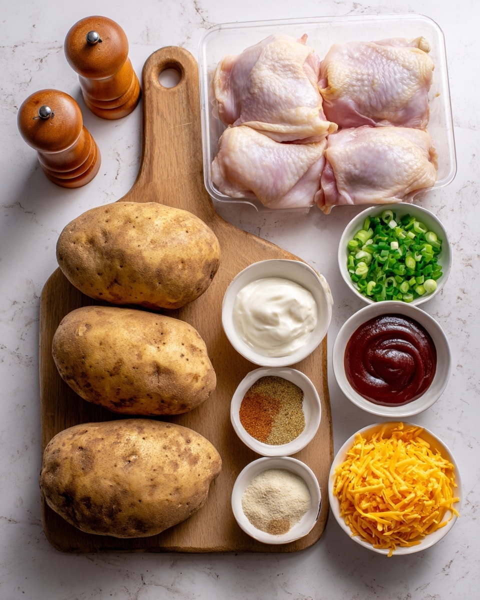 The image shows four large, rough brown potatoes placed side by side on a small wooden cutting board with a handle, positioned in the center bottom. To the right of the board is a clear plastic tray holding five raw light pink chicken thighs with some white fat. Above the potatoes are five small white bowls arranged in a row on a white marbled surface; from left to right, the bowls contain a mix of dry spices (light tan and pale yellow), smooth white sour cream, chopped bright green onions, thick dark brown barbecue sauce with a circular swirl on the surface, and shredded bright orange cheddar cheese. On the far left, there are wooden salt and pepper shakers with a rounded top. Photo taken with an iphone --ar 4:5 --v 7