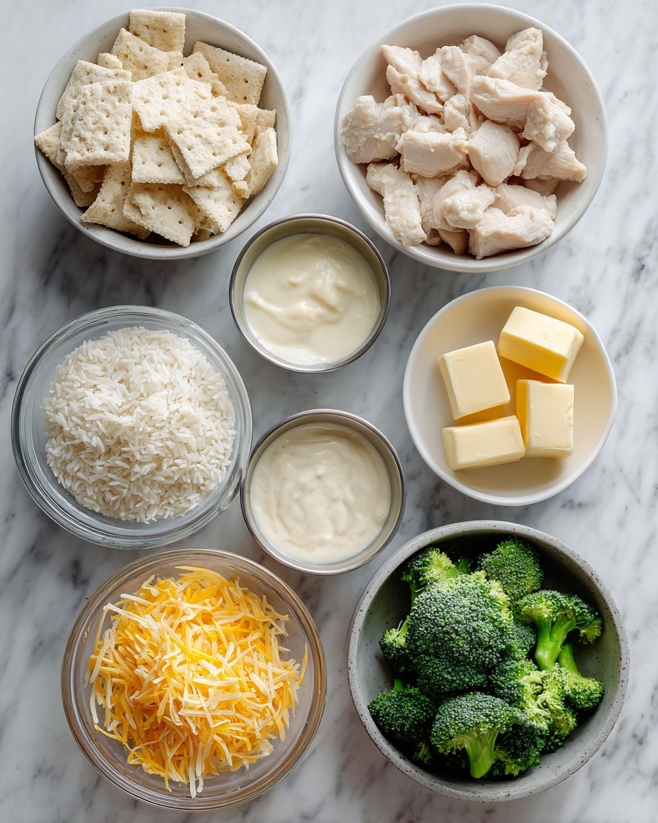 The image shows seven bowls arranged on a white marbled surface. The top right bowl contains crushed crackers in light beige color. Below it is a white bowl filled with medium-sized pieces of cooked chicken, pale pinkish-white in color. To the right of the chicken is a small white bowl with three cubes of yellow butter. Near the center left is a clear glass bowl filled with white cooked rice. Below the rice is a white bowl with bright orange shredded cheese. On the bottom right is a grayish bowl filled with fresh green broccoli florets. Two small metal bowls hold creamy white and light beige sauces, one positioned above the broccoli and the other to the far left below the cheese bowl. Photo taken with an iphone --ar 4:5 --v 7