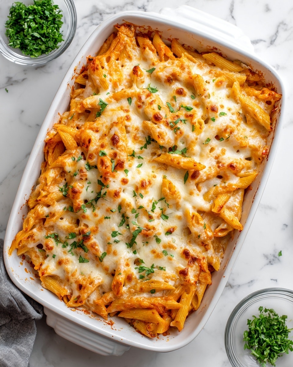 The image shows a white rectangular baking dish filled with baked penne pasta covered in melted, slightly browned cheese with an orange sauce spread unevenly on top. The pasta pieces are mixed with the sauce and melted cheese, giving a creamy, textured look. Small green chopped herbs are sprinkled over the top, adding a touch of color contrast. The dish sits on a white marbled surface with a small clear bowl of chopped green herbs nearby. The edges of the dish have some browned bits of cheese, showing it has been baked well photo taken with an iphone --ar 4:5 --v 7