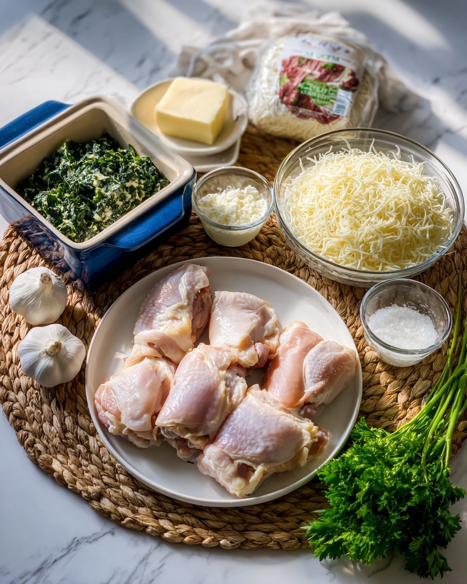 The image shows raw chicken pieces placed on a white plate in the front left and a blue baking dish behind them on a white marbled surface. To the right, there is a large clear bowl filled with shredded cheese, a smaller clear bowl with a creamy white ingredient, and another small bowl containing grated cheese. Behind these bowls is a block of cream cheese and a bag of chopped spinach with red and white packaging. There are also two whole garlic bulbs and a small bunch of green parsley in the front. The scene is bright with natural lighting, showcasing fresh ingredients arranged neatly on a woven mat. Photo taken with an iphone --ar 4:5 --v 7