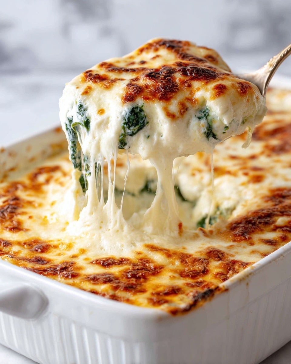 A white baking dish filled with a creamy layered casserole. The bottom layer shows green spinach leaves peeking out, topped by a thick layer of white cheese with a golden-brown baked crust, melted and bubbly across the surface. A spoon is scooping a portion, revealing a soft white and slightly textured cheesy layer underneath, with melted cheese stretching slightly. The edges of the dish show some browned spots from baking, and the background is a white marbled surface. photo taken with an iphone --ar 4:5 --v 7
