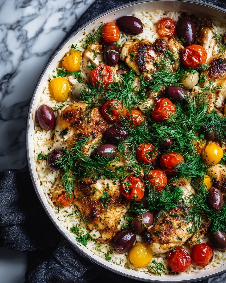 The image shows a white pan filled with a layered dish starting with a base of light-colored cooked rice. On top of the rice, there are several pieces of golden-brown cooked chicken pieces evenly spread out. Scattered among the chicken are halved red and yellow cherry tomatoes and dark purple olives, some whole and some sliced. Fresh green dill sprigs are generously spread over the whole dish, adding a touch of freshness and vibrant contrast. The pan rests on a dark cloth, and the background has a white marbled texture. photo taken with an iphone --ar 4:5 --v 7