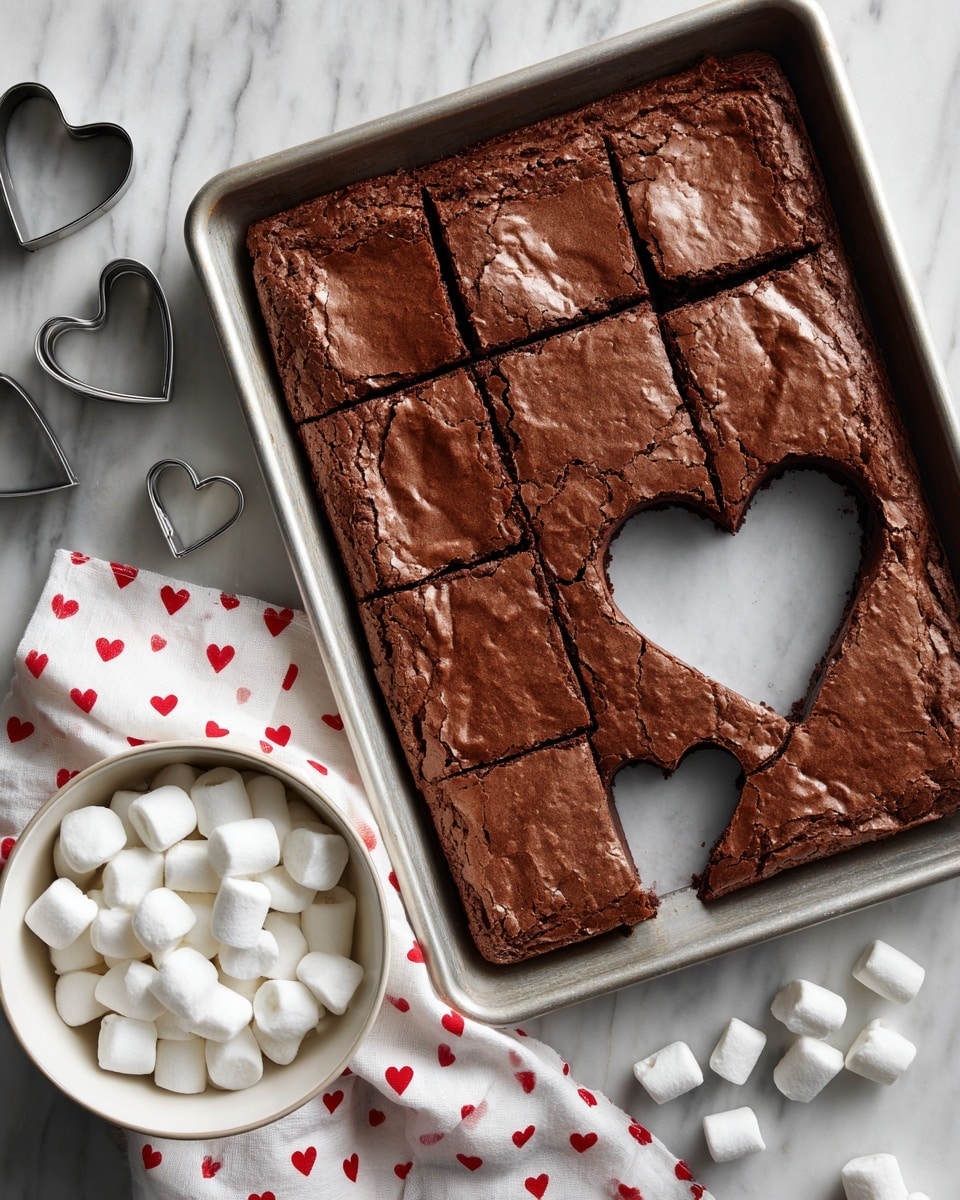 A tray of freshly baked brownies with a slightly cracked shiny brown top layer is shown on a white marbled surface. Two heart shapes are cut out from the brownies on the right side of the tray, with one heart-shaped brownie piece pulled out and sitting inside the cut-out space. Next to the tray, there are metal heart-shaped cookie cutters and a white bowl filled with white round candies or marshmallows. A white cloth with small red hearts rests partially under the bowl. photo taken with an iphone --ar 4:5 --v 7