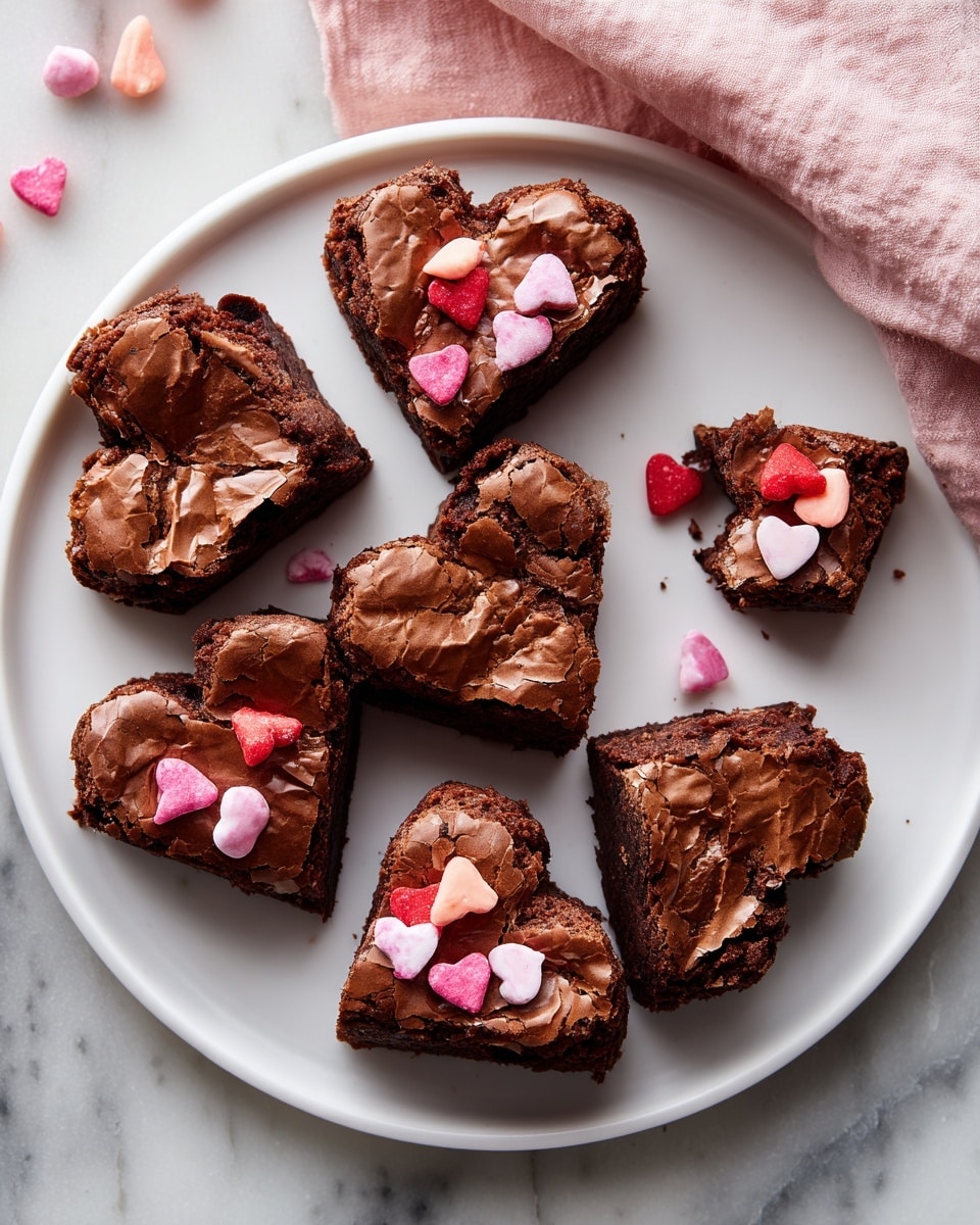 A white round plate on a white marbled surface holds seven heart-shaped chocolate brownies, each with a cracked top showing a soft and chewy inside. The brownies have pink and red candy pieces scattered on top, adding color and texture. Two of the smaller heart shapes are broken into halves, placed near the bigger brownies. In the top right corner, a pink cloth is softly folded, adding a gentle touch to the scene. Photo taken with an iphone --ar 4:5 --v 7
