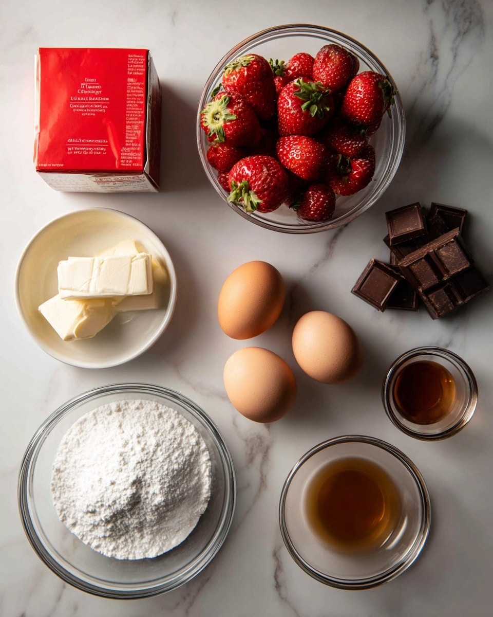 The image shows a white marbled surface with ingredients arranged neatly: a red box of cake mix on the left, a clear glass bowl filled with small red strawberries, white sugar, and some chocolate pieces at the top right. Below that are two brown eggs, a stick of butter wrapped in paper, a small glass bowl with a brown liquid, and a larger clear bowl of white sugar. The light is soft and natural, making the ingredients look fresh and ready to use. photo taken with an iphone --ar 4:5 --v 7