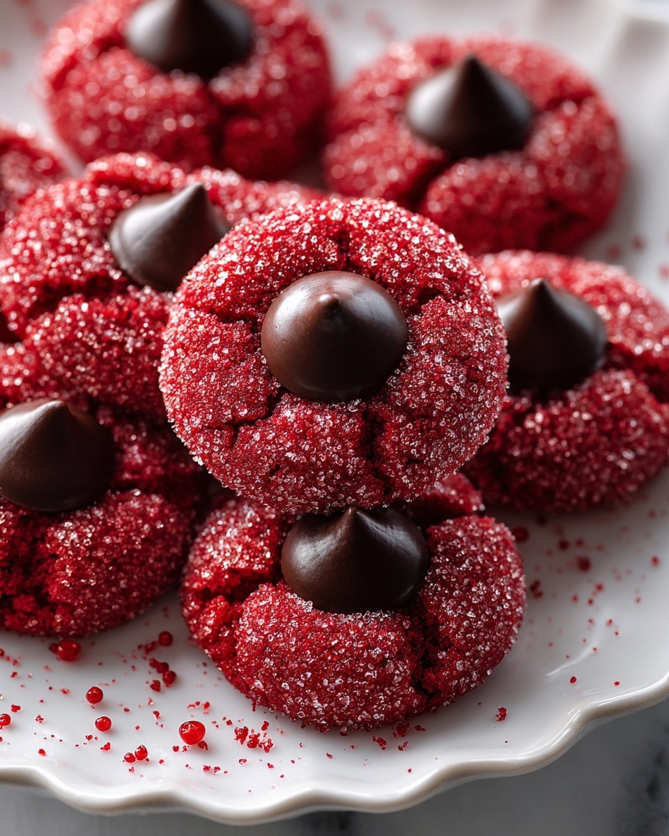The image shows several bright red cookies coated in sugar crystals, arranged closely on a white scalloped plate. Each cookie has a single, smooth, dark brown chocolate drop in the center, standing upright. The cookies have a slightly cracked texture on the edges, and the white marbled surface beneath the plate has red sugar sprinkles scattered around. The photo is softly lit, highlighting the shiny texture of the chocolate and the rough sugar on the cookie surface. photo taken with an iphone --ar 4:5 --v 7