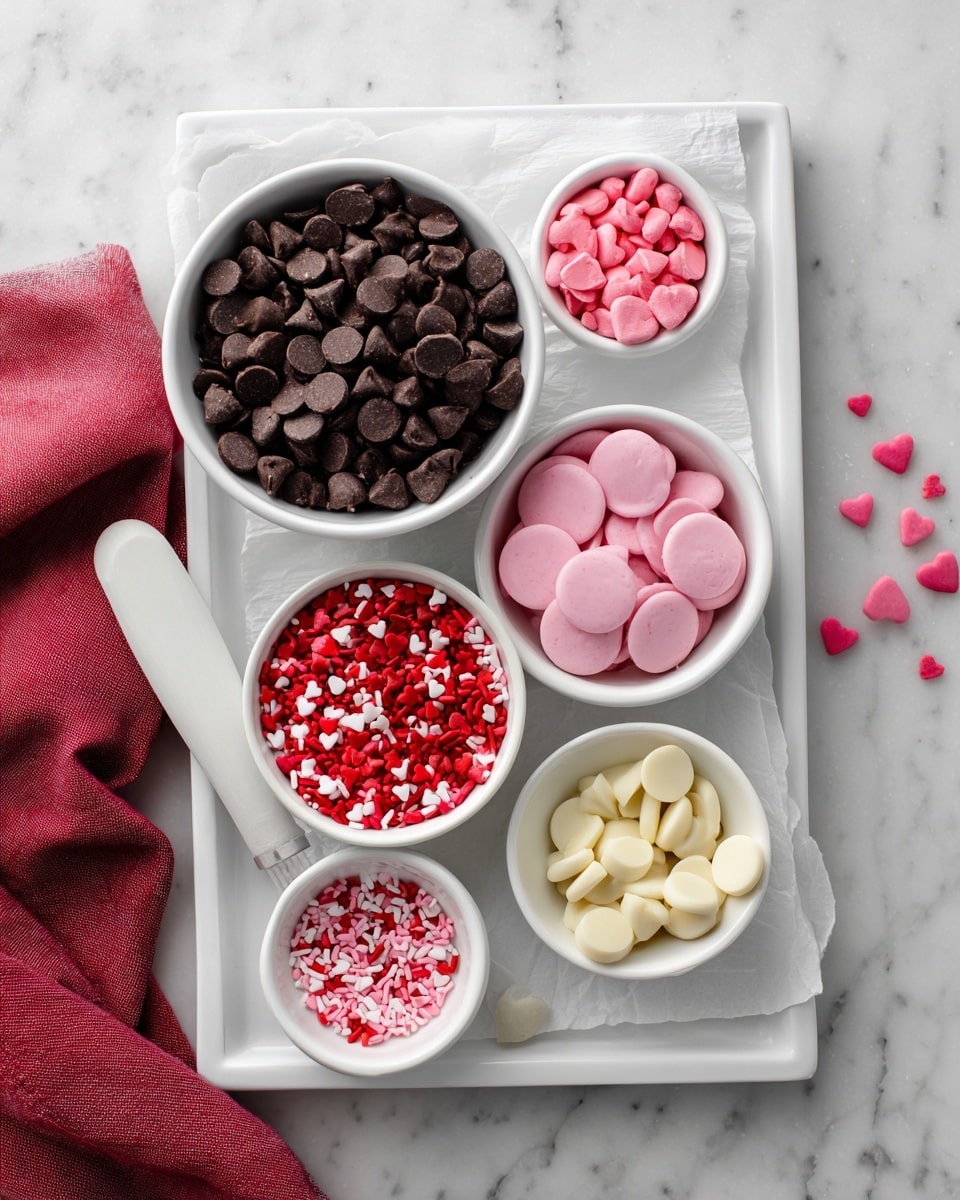Five white bowls are placed on a white tray lined with white paper, all sitting on a white marbled surface. The largest bowl on the left is filled with dark brown chocolate chips that have a smooth texture. Below it, a big bowl holds flat, round pink discs that look glossy and solid. In the middle, a smaller bowl contains bright red and pink heart-shaped sprinkles, giving a mix of soft and sharp edges. To the right of that, there is a tiny bowl filled with small pink round and rod-shaped sprinkles with a matte finish. At the bottom right, another bowl holds creamy white chocolate chips, round and smooth. A white spatula rests on the surface near the tray, and a soft red cloth is draped on the left side. photo taken with an iphone --ar 4:5 --v 7