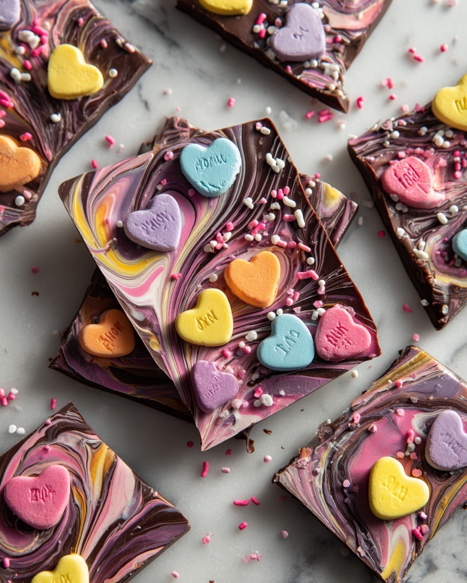 The image shows several pieces of chocolate bark arranged on a white marbled surface. Each piece is smooth and glossy dark chocolate with swirls of light pink chocolate throughout, creating a marbled effect. On top of the bark, there are colorful candy hearts in pastel shades of yellow, pink, orange, purple, and blue, some with messages written on them. Tiny pink and white candy sprinkles are scattered around and on the chocolate, adding texture and contrast. The pieces are broken into irregular shapes and laid out with small gaps between them. Photo taken with an iphone --ar 4:5 --v 7