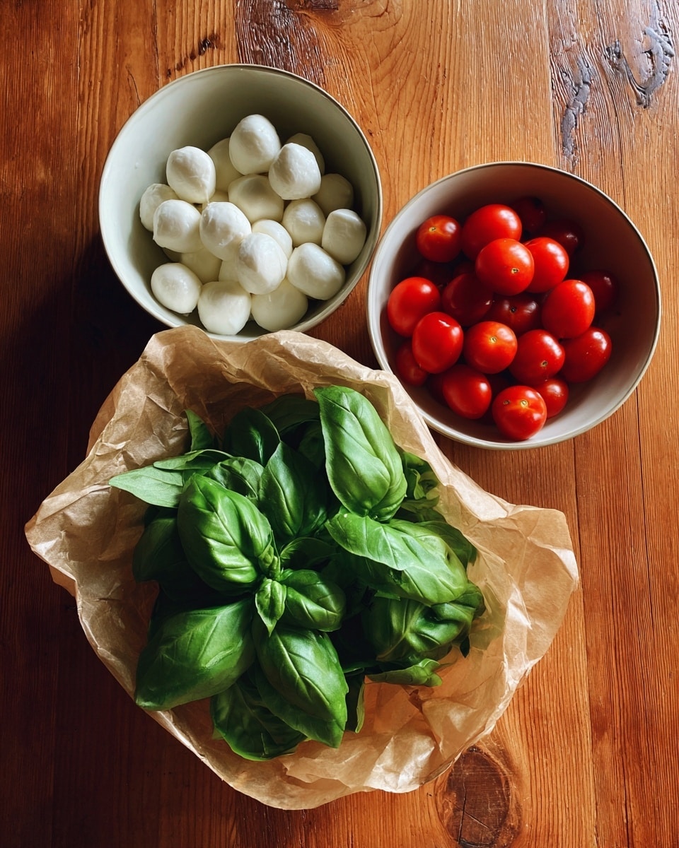 The image shows a bunch of fresh green basil wrapped in paper placed on a wooden table next to two white bowls. One bowl is filled with small white mozzarella balls, and the other bowl holds shiny red cherry tomatoes. The colors are bright and vivid with the green basil, red tomatoes, and white mozzarella standing out clearly against the soft brown wooden surface. photo taken with an iphone --ar 4:5 --v 7