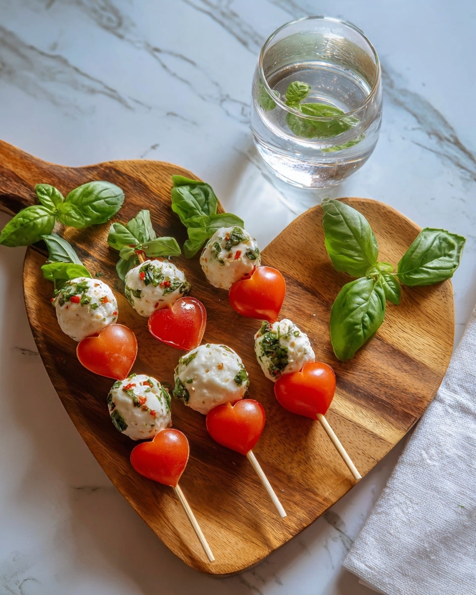 The image shows several skewers laid on a wooden heart-shaped board, each skewer having two round white balls with green and red herbs and one red tomato shaped like a heart in the middle. Fresh green basil leaves are placed on the board for decoration. The board is set on a white marbled surface with a white napkin and a glass of water nearby. The colors are bright with a mix of white, red, green, and natural wood tones. photo taken with an iphone --ar 4:5 --v 7