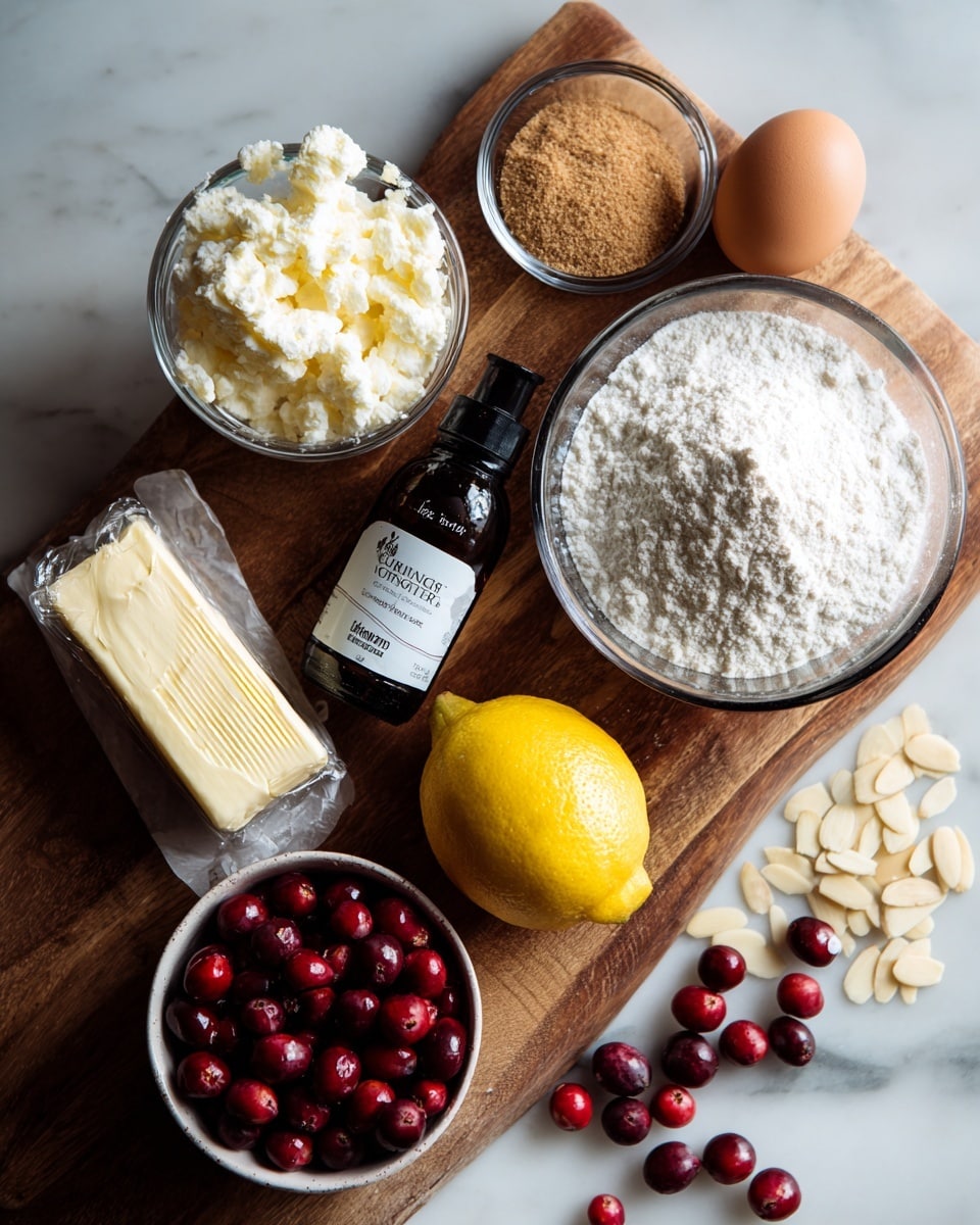 A wooden board holds several baking ingredients arranged neatly: a stick of butter in its wrapper, a small bowl with brown sugar, a bottle of vanilla extract, a large clear bowl filled with white flour, a lemon, two brown eggs, a small bowl of white sugar, a small bowl of salt, fresh red cranberries, and sliced almonds scattered near the bottom right corner. The scene is set on a white marbled surface, and the image is brightly lit with soft natural light. photo taken with an iphone --ar 4:5 --v 7