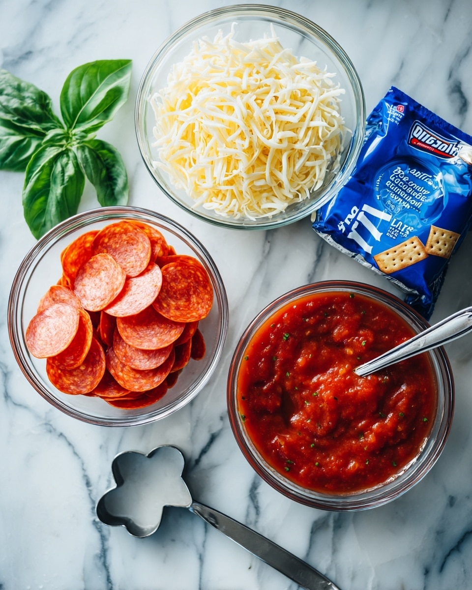 The image shows three clear glass bowls and a blue biscuits package on a white marbled surface. One bowl contains shredded pale yellow cheese, another is filled with bright red pepperoni slices, and the third has a rich, red tomato sauce with visible herbs. A silver spoon is placed near the bowls. A green basil leaf and a small stainless steel heart-shaped cutter are also visible on the marble surface. Photo taken with an iphone --ar 4:5 --v 7