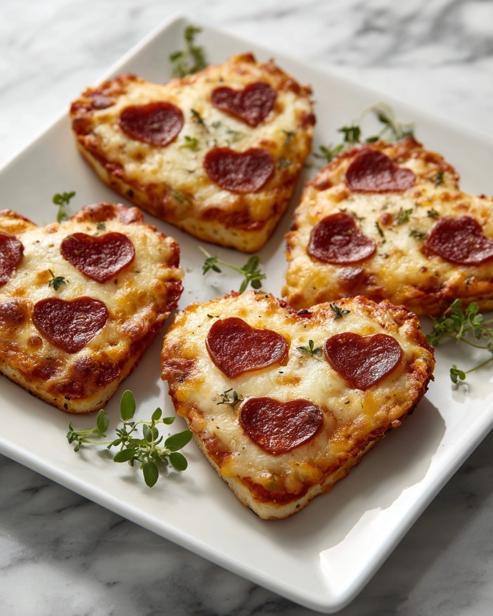 The image shows four heart-shaped mini pizzas placed on a white square plate, sitting on a white marbled surface. Each pizza has a golden-brown crust with melted cheese covering the top. On the cheese layer, there are pepperoni slices shaped like small hearts scattered evenly across the pizzas. Around the plate, there are small sprigs of fresh green herbs adding a touch of color. The lighting highlights the texture of the melted cheese and the crispy edges of the crust. Photo taken with an iphone --ar 4:5 --v 7