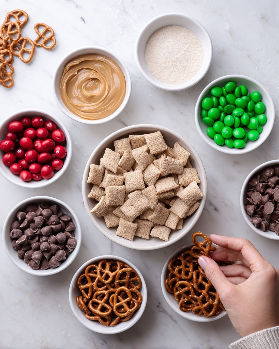 A top-down view shows seven small white bowls arranged on a white marbled surface. The largest bowl in the center is filled with light tan square cereal pieces with a rough texture. Surrounding it clockwise are a bowl of bright red and green round candies, a bowl of smooth creamy peanut butter, a bowl of white powder, a bowl of small brown round chocolate candies, a bowl of small dark chocolate chips, and a bowl of twisted pretzel pieces. A woman's hand is about to pick from the candy bowl. The photo taken with an iphone --ar 4:5 --v 7