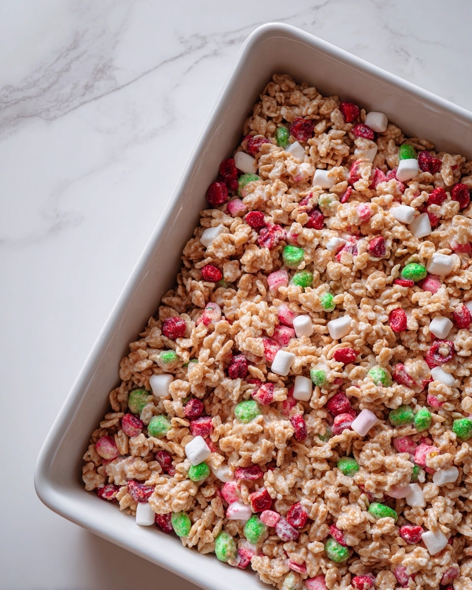 The image shows a white tray filled with a colorful cereal mix on a white marbled surface. The cereal pieces include light beige oat clusters and marshmallows in bright pink, green, and red colors scattered evenly throughout. The texture is crunchy and rough with small, round, and irregular shapes mixed together. The scene looks bright and clear, with no other objects or hands in view. photo taken with an iphone --ar 4:5 --v 7