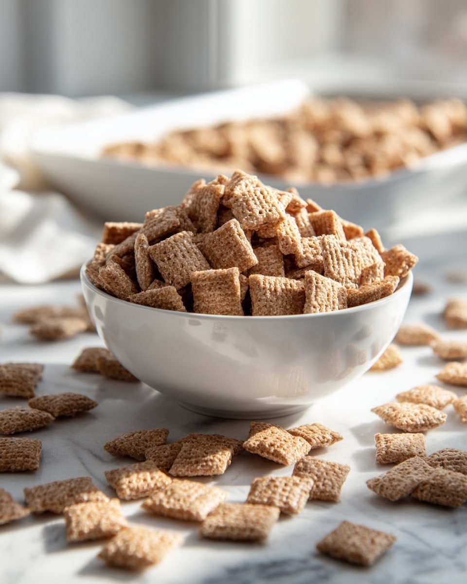A white bowl is filled with small, square-shaped cereal pieces that have a light brown color and a crunchy texture. The bowl is placed in the front center on a white marbled surface, with more cereal pieces scattered around it. In the background, there is a white tray also filled with the same cereal, slightly out of focus. The lighting is bright and natural, highlighting the textures and colors of the cereal. A woman's hand is touching some cereal near the tray. photo taken with an iphone --ar 4:5 --v 7