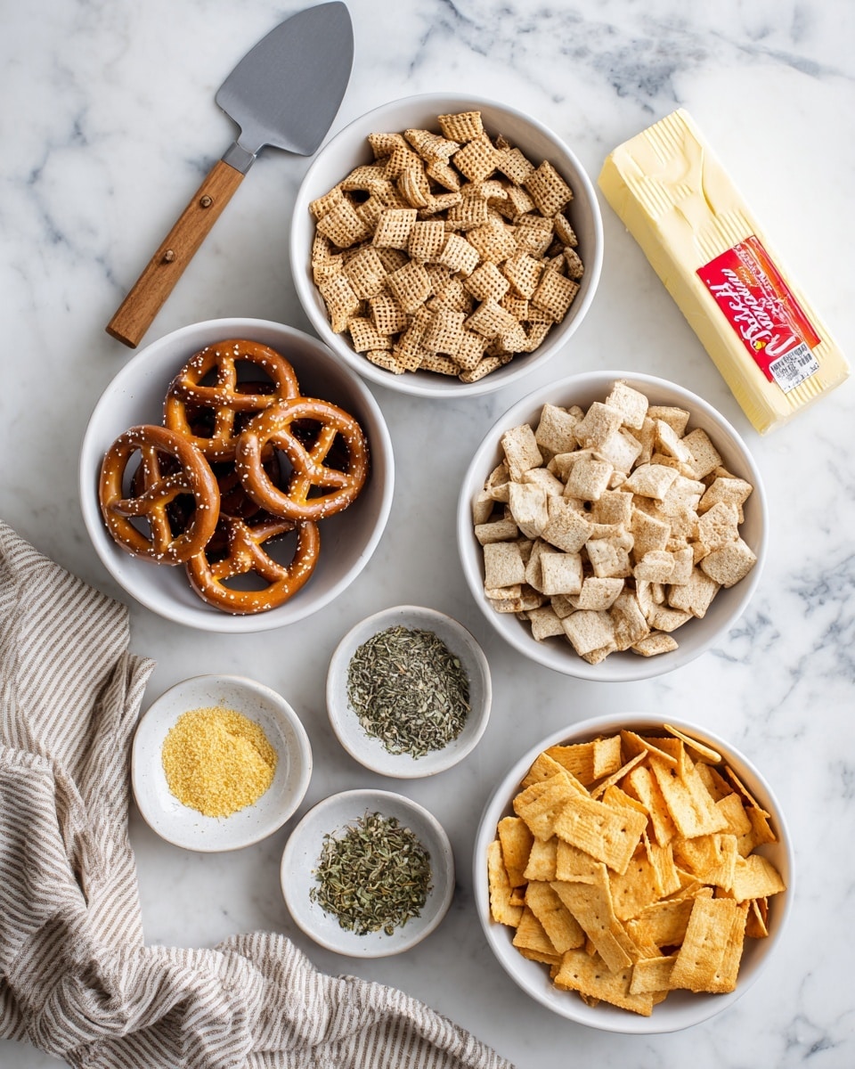 The image shows six white bowls placed on a white marbled surface, each holding different snack items and ingredients. Starting from the top, a bowl is filled with square cereal pieces that are light brown with a woven texture. Below it, there is a bowl with soft pretzels, dark brown with a shiny surface sprinkled with salt. To the right of the pretzels, a bowl holds small, light beige hexagonal cracker pieces with a slightly rough texture. Next to this bowl, there is a stick of butter with red markings on the wrapper. On the bottom left, a small bowl contains four sections of different spices and dry herbs—green flakes, light yellow powder, white powder, and green dried leaves. Adjacent to it is a bowl filled with yellow square-shaped crackers that have a rough surface and small holes. A gray spatula with a wooden handle lies on the surface above the bowls, and a striped beige cloth is partially visible on the lower left corner. Photo taken with an iphone --ar 4:5 --v 7