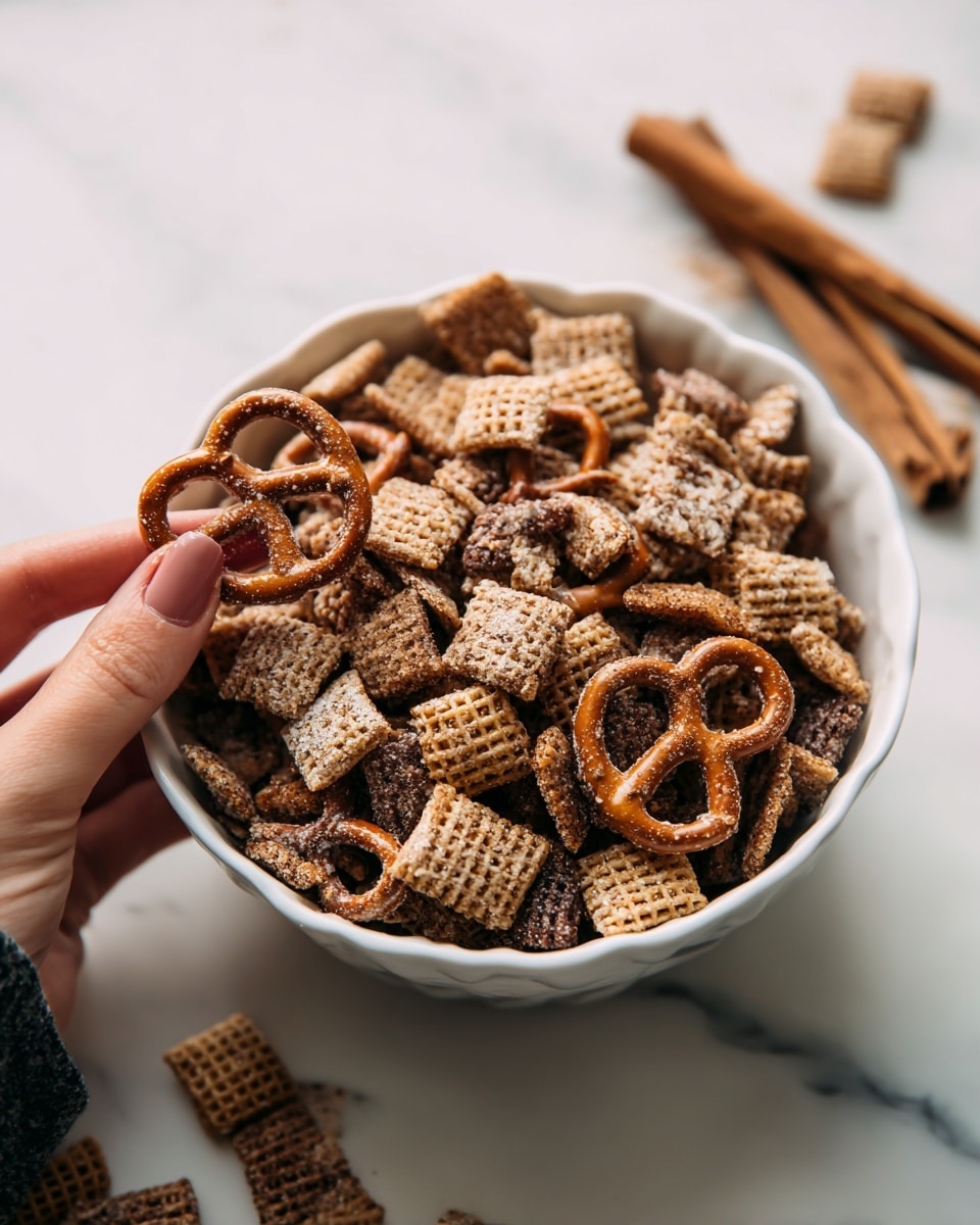 A white scalloped bowl filled with a mix of crunchy cereal squares and pretzels. The cereal squares are golden brown with a textured, grid-like pattern, and the pretzels are a darker brown with a smooth, twisted shape. The mix looks coated in a sugary or cinnamon spice layer giving a slightly rough and grainy look. A woman's hand holding a pretzel is placing it in the bowl. The bowl sits on a white marbled surface with a cinnamon stick beside it. photo taken with an iphone --ar 4:5 --v 7