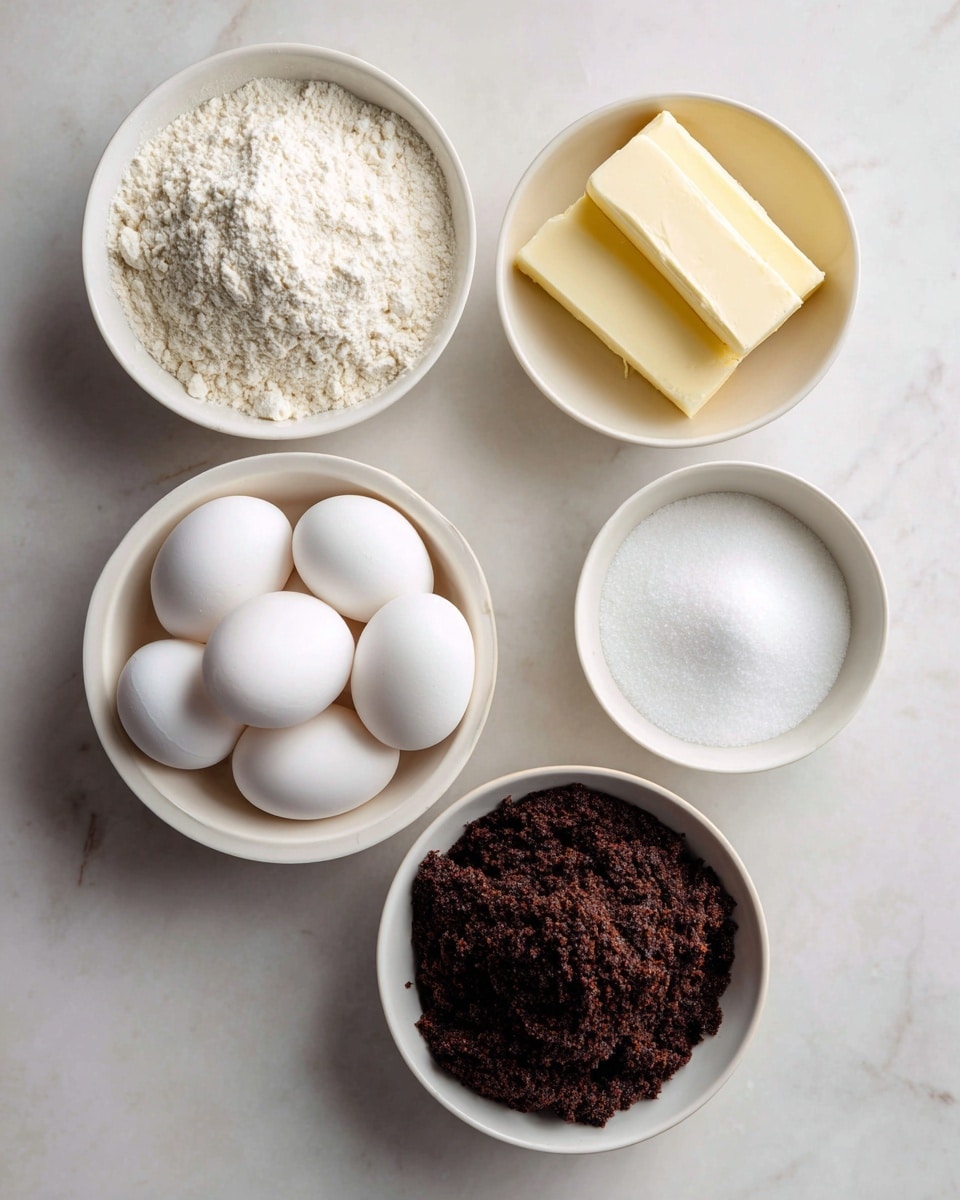 The image shows five white bowls arranged on a white marbled surface. The largest bowl at the bottom right holds a dark brown crumbly mixture. Above it, to the left, is a smaller bowl with two sticks of pale yellow butter. To the left of the butter, a bowl contains six white eggs. At the top left is a small bowl filled with white flour, and to the right of the flour is a small bowl filled with white sugar. The bowls are simple and white, and the scene is well-lit, showing the textures clearly. Photo taken with an iphone --ar 4:5 --v 7