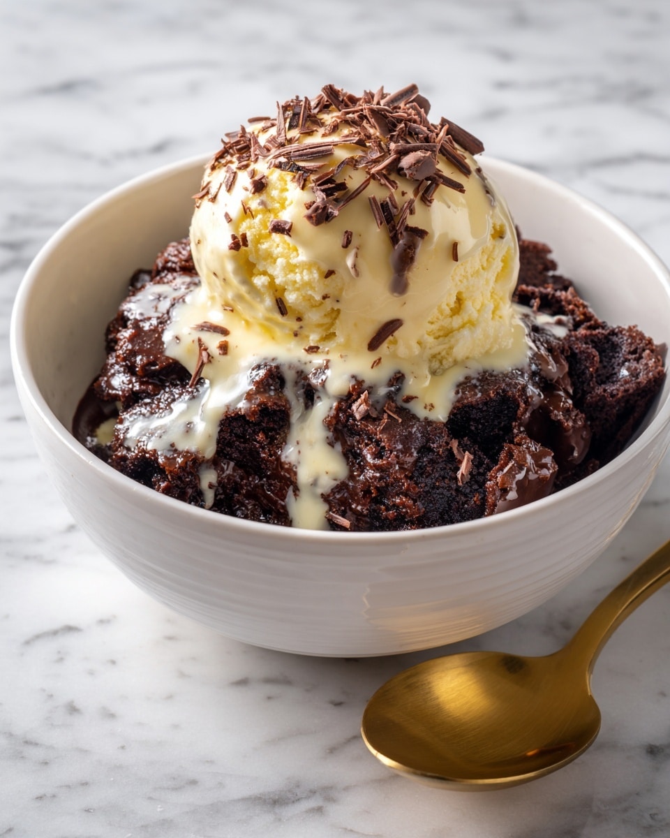 A white bowl holds a warm, dark brown chocolate dessert with a gooey, rich texture, piled in rough layers that look soft and moist. On top is a big scoop of creamy, light yellow vanilla ice cream, smooth with melting edges that drip slightly onto the chocolate below. The ice cream is sprinkled with small, thin dark brown chocolate shavings that add a textured contrast. The bowl sits on a white marbled surface next to a shiny gold spoon. photo taken with an iphone --ar 4:5 --v 7