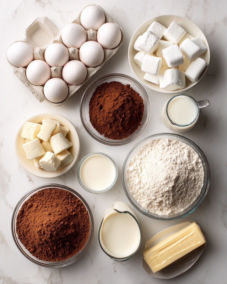 The image shows various ingredients arranged neatly on a white marbled surface. There are multiple clear glass bowls and containers, each holding different items: a large bowl of white flour at the bottom right, a smaller bowl of light brown cocoa powder at the bottom left, a bowl of white sugar near the center right, and a dish of white marshmallows at the top center. There are also six white eggs in a carton on the left, a small bowl of brown cocoa powder on the top left, a cup of white milk near the top right, a cup of light cream below it, and a stick of butter in its wrapper on the right side. The arrangement is orderly, with all items clearly visible and separated. photo taken with an iphone --ar 4:5 --v 7