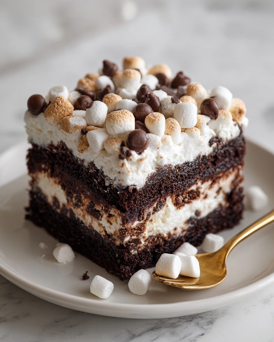 A square piece of chocolate cake with three layers is shown on a white plate. The bottom layer is dark and moist chocolate cake. The middle layer is thick and white cream with many small white marshmallows and light brown chocolate chips on top. The top layer is mostly white cream with more marshmallows and chocolate chips scattered evenly. A gold spoon with a piece of cake on it is placed in front of the cake on the plate. The background has a white marbled surface. photo taken with an iphone --ar 4:5 --v 7