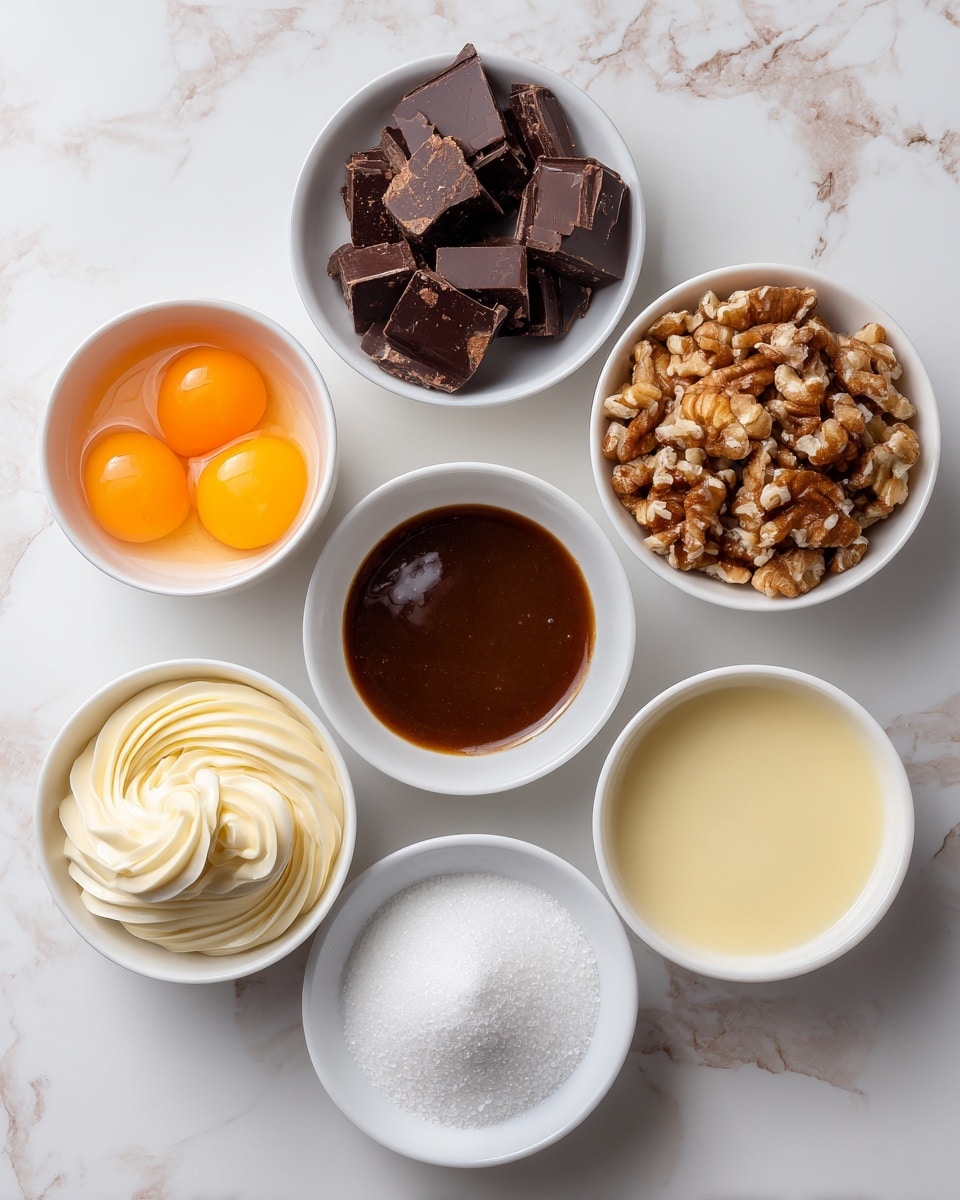The image shows seven small white bowls arranged on a white marbled surface. One bowl contains three bright orange egg yolks sitting separately from the whites. Another bowl holds rough chunks of dark brown chocolate pieces. A third bowl is filled with smooth, pale cream in a swirl pattern. There is a bowl with light brown chopped nuts, and next to it a small bowl filled with a thick dark caramel-colored syrup. Another bowl has a white granulated substance, likely sugar. The final bowl contains a creamy, pale yellow liquid, all bowls evenly spaced and clearly visible. The photo taken with an iphone --ar 4:5 --v 7