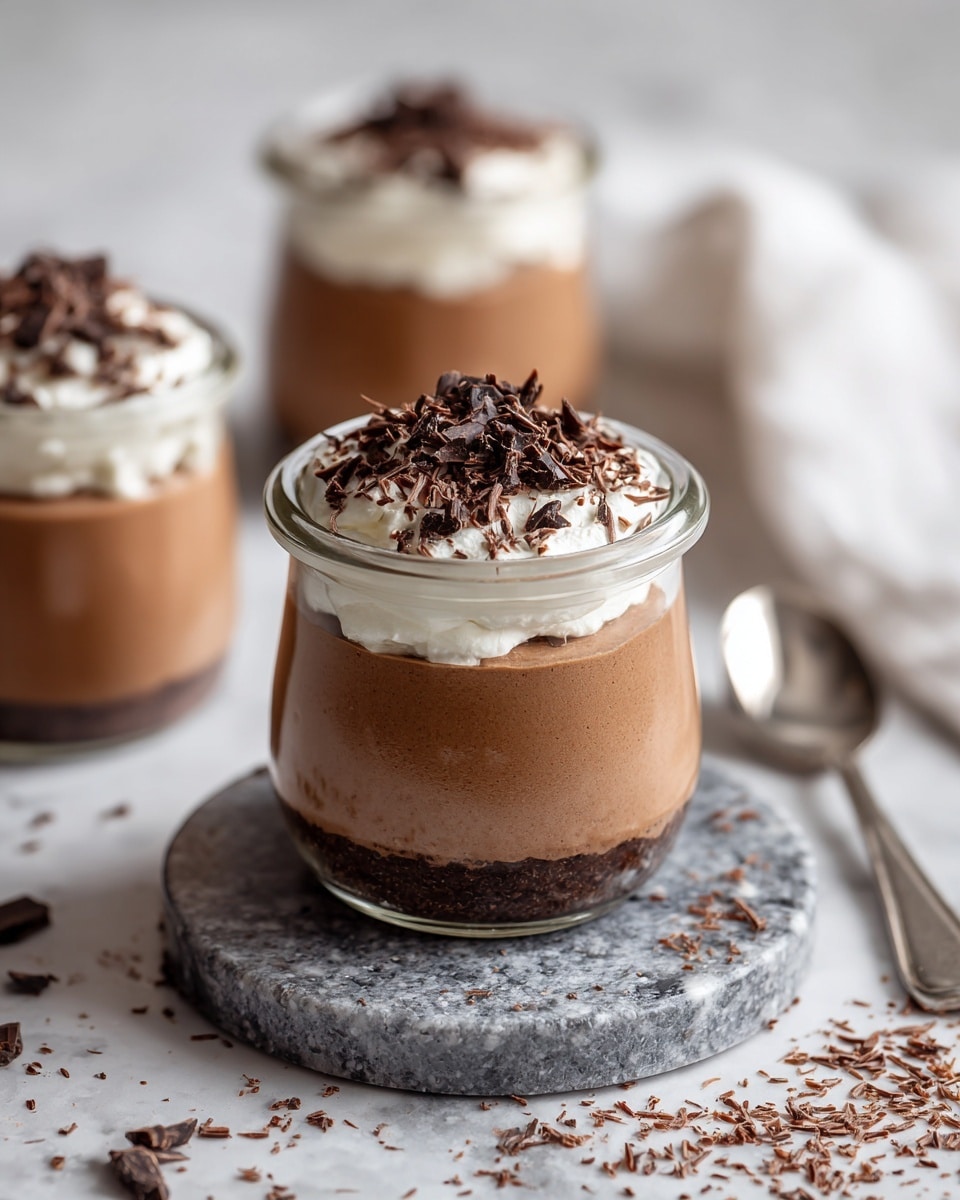 The image shows a small glass jar filled with a smooth, light brown chocolate mousse layer at the bottom, topped with a thick white cream layer, and finished with dark chocolate shavings scattered on top. The jar sits on a round, grey marble coaster, placed on a white marbled surface with loose chocolate shavings scattered around. In the background, two more jars with the same dessert are visible, and a silver spoon lies to the right on the surface near the front jar. A white cloth is softly blurred in the background. Photo taken with an iphone --ar 4:5 --v 7