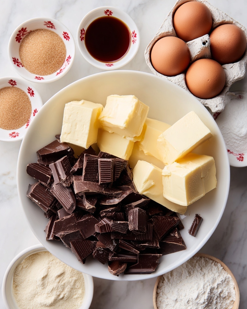 A white bowl sits on a white marbled surface filled with two main layers: on one side, several thick chunks of pale yellow butter, and on the other, a pile of dark brown, broken pieces of chocolate. Surrounding the bowl are various small dishes filled with baking ingredients, including light brown sugar, dark liquid vanilla extract, two brown eggs in a white egg tray with red floral details, a white bowl of white sugar, and a small bowl of beige flour. photo taken with an iphone --ar 4:5 --v 7