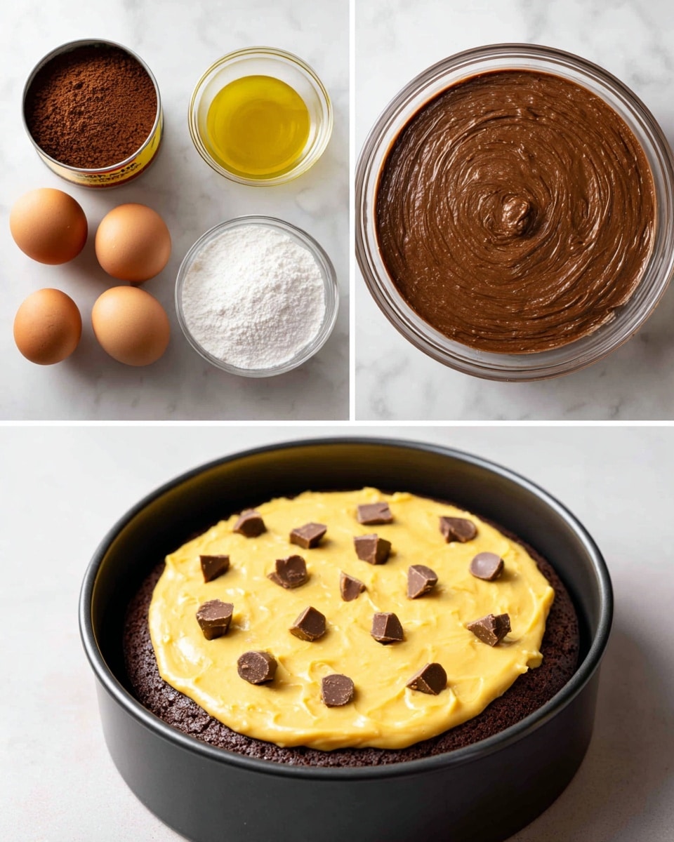 The first image shows baking ingredients on a white marbled surface, including a packet of cocoa powder, a can of peanut butter, sugar in a glass bowl, two brown eggs, and a small dish of oil. The second image shows a glass bowl with smooth chocolate batter, light brown and creamy in texture. The third picture shows a round black baking pan with a dark brown baked cake inside, having a firm and slightly cracked top surface. The fourth image shows the same black baking pan now filled with a thick yellow peanut butter batter spread evenly on top of the chocolate layer, topped with scattered pieces of chopped chocolate candies. Photo taken with an iphone --ar 4:5 --v 7