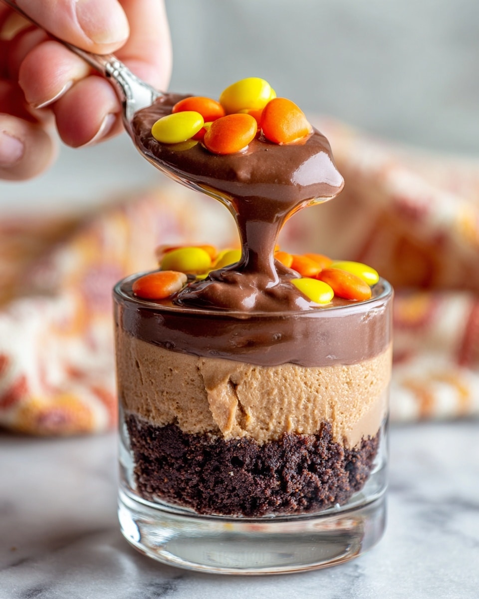 A close-up of a spoonful of chocolate dessert, showing three layers: a dark brown crumbly base, a smooth light brown chocolate middle layer, and a thick glossy milk chocolate sauce on top. The spoon is held by a woman's hand, with small pieces of colorful orange and yellow candy decorating the sauce. The background is a white marbled texture with a soft patterned cloth slightly blurred in the background. Photo taken with an iphone --ar 4:5 --v 7