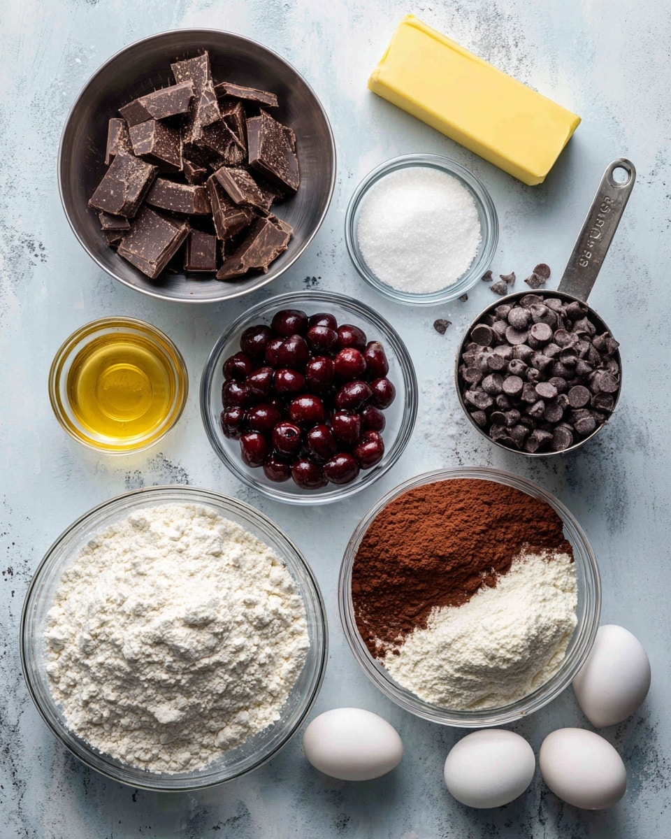 A flat lay image shows several baking ingredients neatly arranged on a light blue textured surface changed to white marbled texture. Starting from the top left, there is a large steel bowl with dark brown broken chocolate pieces inside. To the right is a yellow and cream butter stick placed horizontally. Below the butter is a small clear glass bowl with white powder, followed by a larger clear bowl of dark red cherries. To the top right center, there is a silver measuring cup filled with dark chocolate chips. Below that is a large steel mixing bowl holding two separate piles of dry ingredients—white flour on the left and brown cocoa powder on the right. On the bottom left, a square clear glass container is filled with white granulated sugar. Next to it, two white eggs sit close together in the middle. Above the eggs, there is a small clear bowl holding golden liquid vanilla extract. The setup is simple and well-organized on a white marbled texture. photo taken with an iphone --ar 4:5 --v 7
