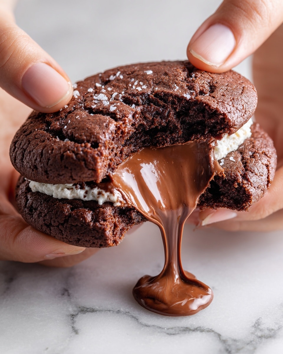 A close-up of a dark chocolate cookie held by two woman's hands, being pulled apart to show a thick, melted milk chocolate piece inside that is stretching and dripping slightly. The cookie looks soft and shiny on the outside with some cracks, highlighting its rich texture, and a small bit of white filling can be seen inside one side. The background is a white marbled surface. photo taken with an iphone --ar 4:5 --v 7