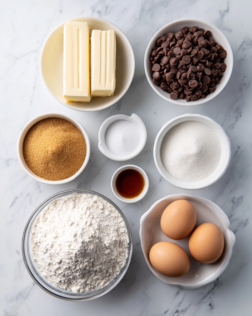 The image shows various baking ingredients neatly arranged on a white marbled surface. There is a white bowl filled with chocolate chips at the top right, two eggs in a small white bowl near it, and a white bowl containing golden brown sugar below the eggs. To the left of the sugar bowl, there is a large clear bowl full of white flour. Above the flour is a pair of white sticks of butter placed side by side. Below the flour, three small white bowls hold sugar, salt, and vanilla extract respectively. The ingredients are spaced evenly, creating a clean and organized appearance. Photo taken with an iphone --ar 4:5 --v 7