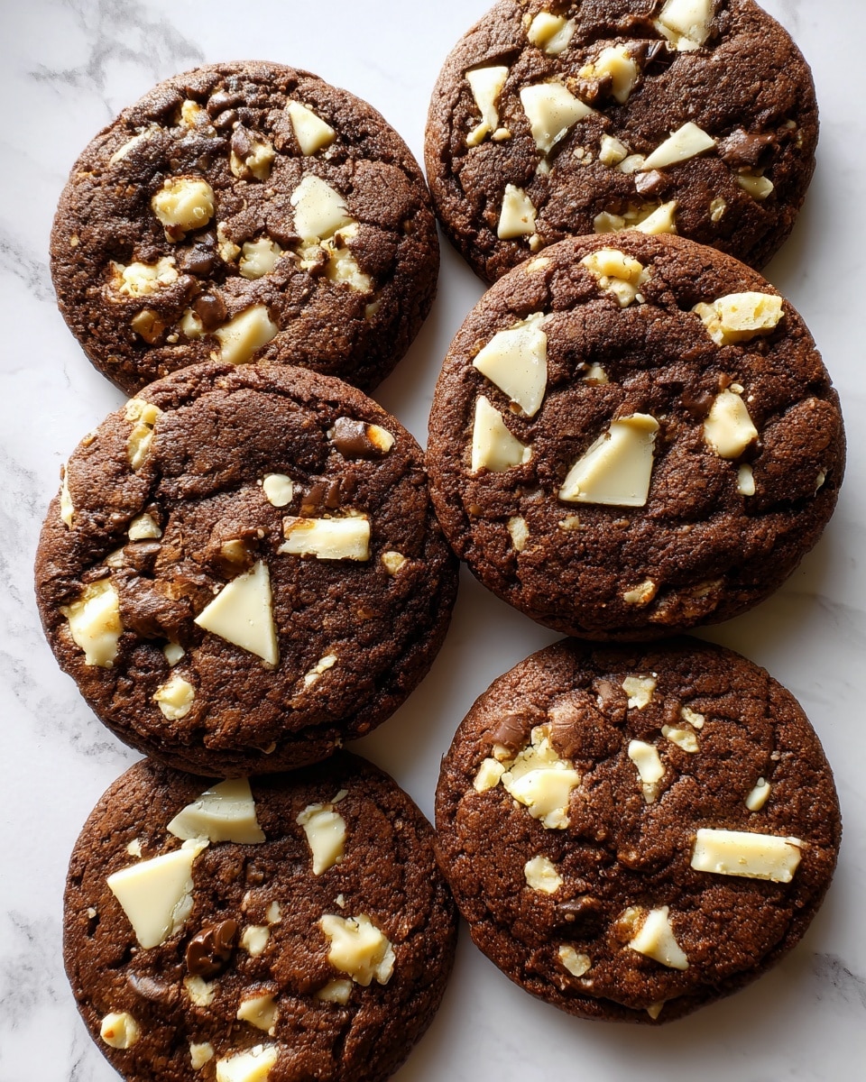 The image shows six round chocolate cookies with chunks of white chocolate mixed into the top layer. The cookies have a dark brown, slightly cracked texture with visible lighter brown chocolate pieces embedded throughout and unevenly scattered white chocolate pieces on the surface. The cookies are placed closely together on a white marbled textured surface. photo taken with an iphone --ar 4:5 --v 7