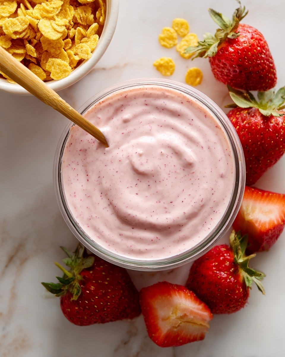 A clear glass bowl is filled with a smooth, light pink creamy mixture that has small specks throughout, suggesting blended strawberries, with a light wooden spoon partially dipped inside. Around the bowl, there are fresh whole and sliced strawberries with a bright red color and green tops, resting on a white marbled surface. Part of a white container filled with yellow banana chips and granola is visible in the upper left corner. The overall look is fresh and natural, with soft light highlighting the textures and colors. Photo taken with an iphone --ar 4:5 --v 7