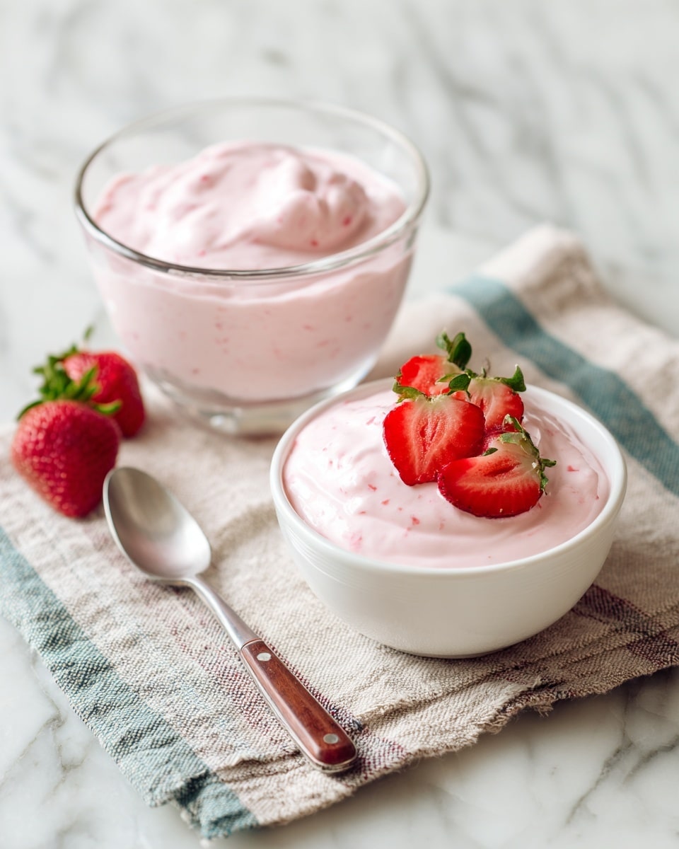 Two bowls filled with pink strawberry yogurt are placed on a white marbled surface. The larger bowl is clear glass, showing the smooth yogurt with tiny strawberry bits on top. The smaller white bowl has the same yogurt and is garnished with three strawberry pieces—two sliced and one with green leaves—arranged on the rim. A silver spoon with a wooden handle lies next to the smaller bowl, and both bowls sit on a textured beige cloth with blue and green stripes. Two whole strawberries are placed near the spoon, adding more red color to the scene. photo taken with an iphone --ar 4:5 --v 7