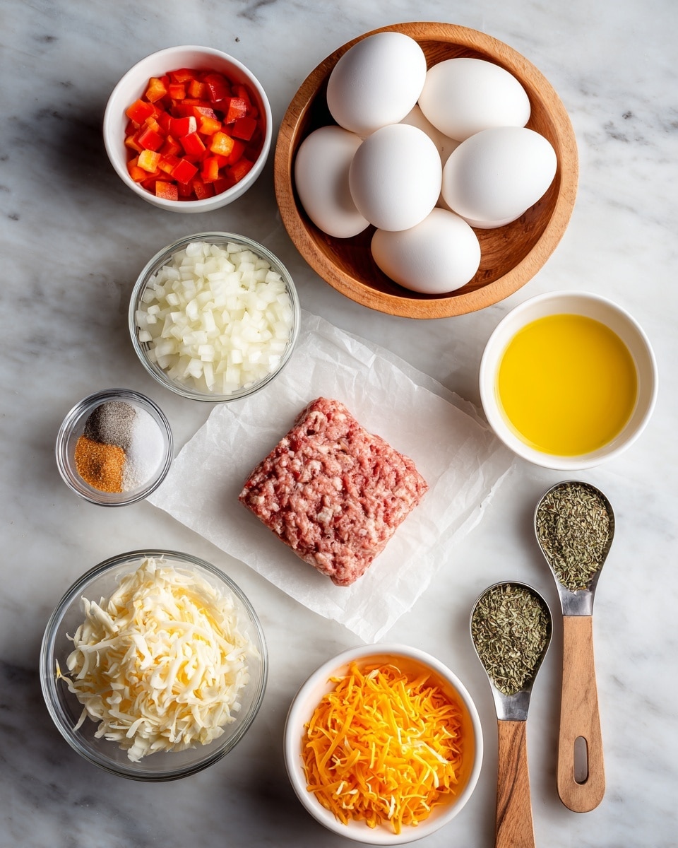 The image shows several ingredients neatly placed on a white marbled surface. At the top center, a wooden bowl holds seven white eggs stacked together. To the left of the eggs, a white bowl contains small red diced bell peppers, and below it, there is a clear glass bowl filled with diced white onions. In the center, a square piece of ground meat rests on parchment paper. Below the meat, a white bowl is full of shredded orange cheddar cheese. To the right of the shredded cheese, there is a small white bowl filled with yellow oil. Above the oil, two metal measuring spoons hold light brown garlic powder and black pepper. On the left side, two wooden spoons display white salt and dried green herbs. Everything is arranged clearly and cleanly in a flat lay style photo taken with an iphone --ar 4:5 --v 7